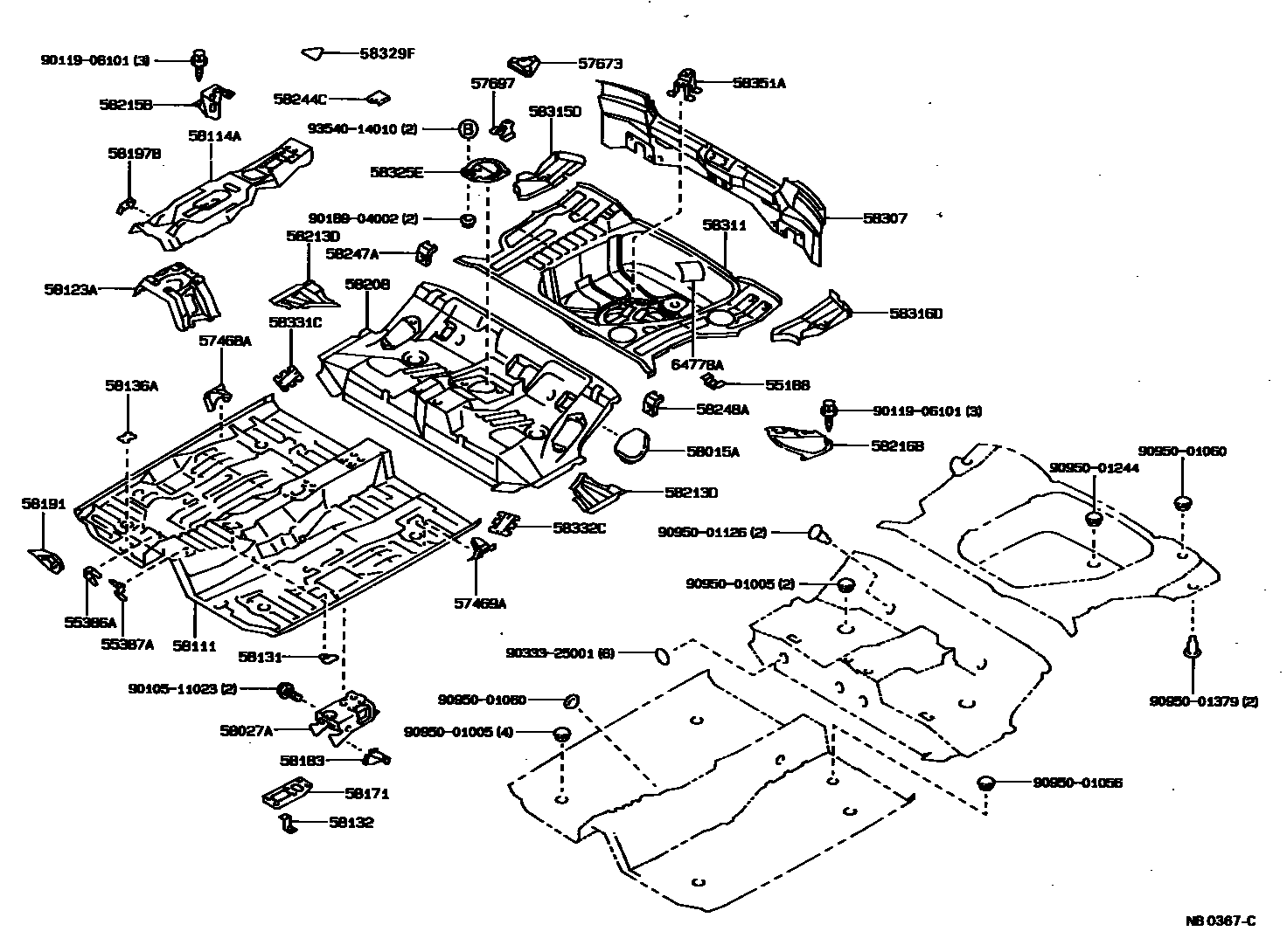 Toyota COROLLA 浅盘形地板和车身下背板 EPC diagram — NB0367C
