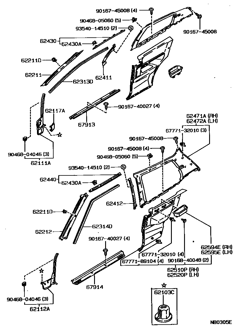 Toyota COROLLA 内饰板和车门防水胶条 EPC diagram — NB0305E