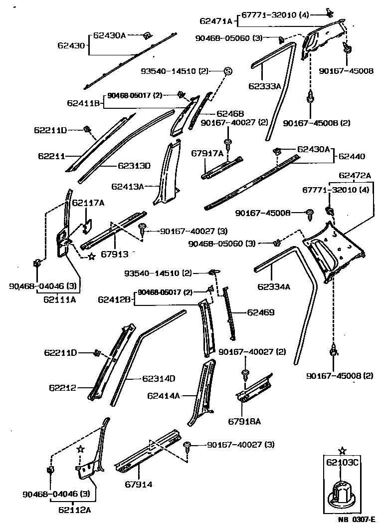 Toyota COROLLA 内饰板和车门防水胶条 EPC diagram — NB0307E