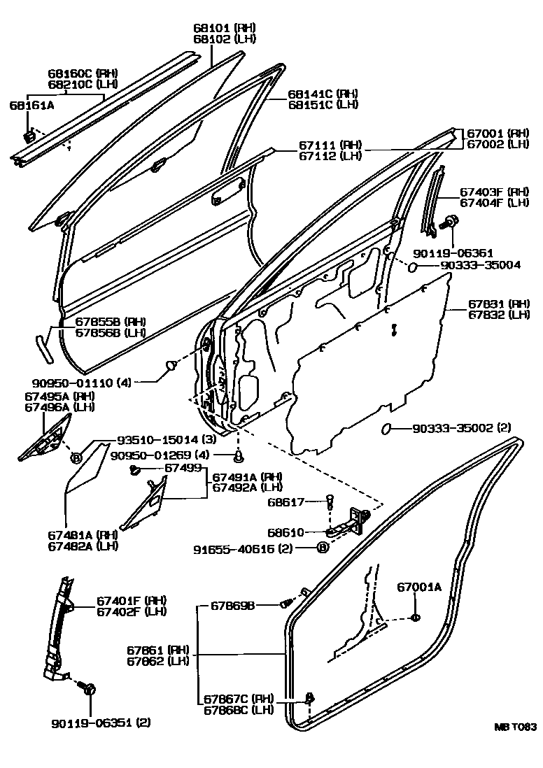 Toyota COROLLA 前门板和前门玻璃 EPC diagram — MBT083