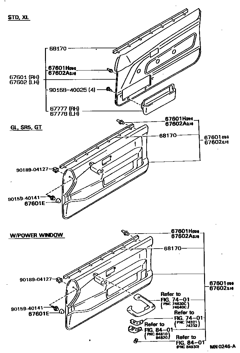 Toyota COROLLA 前门板和前门玻璃 EPC diagram — MN0246A