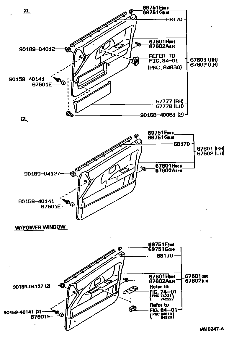 Toyota COROLLA 前门板和前门玻璃 EPC diagram — MN0247A