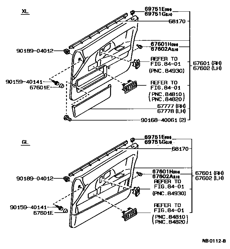 Toyota COROLLA 前门板和前门玻璃 EPC diagram — NB0112B