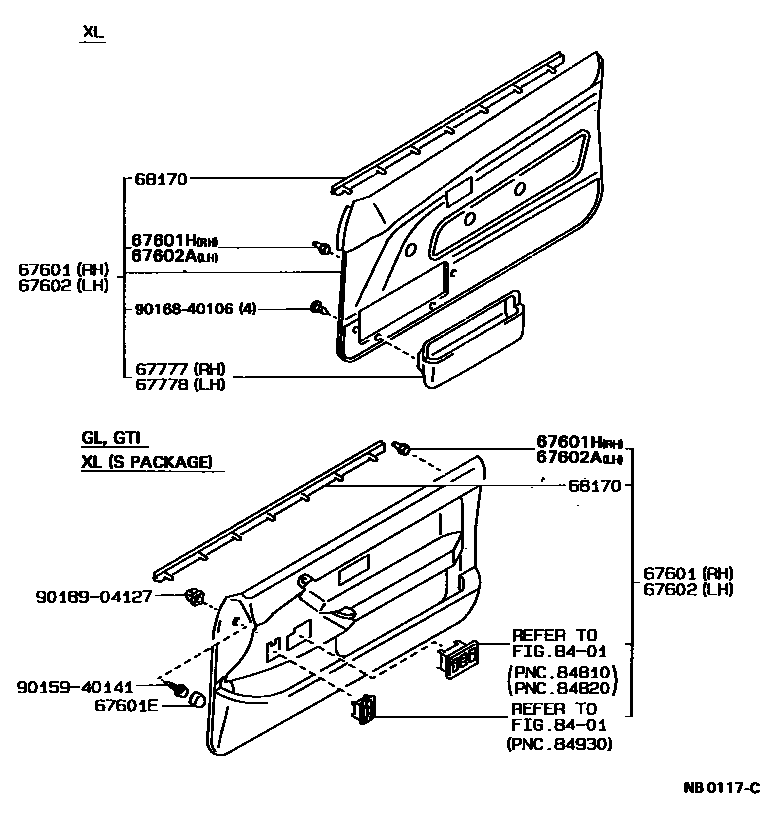 Toyota COROLLA 前门板和前门玻璃 EPC diagram — NB0117C