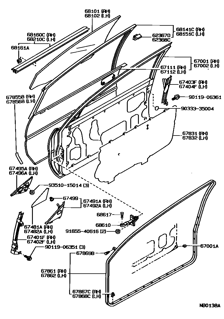 Toyota COROLLA 前门板和前门玻璃 EPC diagram — NB0138A
