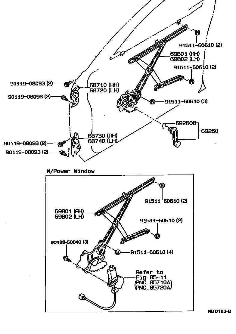 Toyota COROLLA 前门车窗升降器和合页 EPC diagram — NB0163B