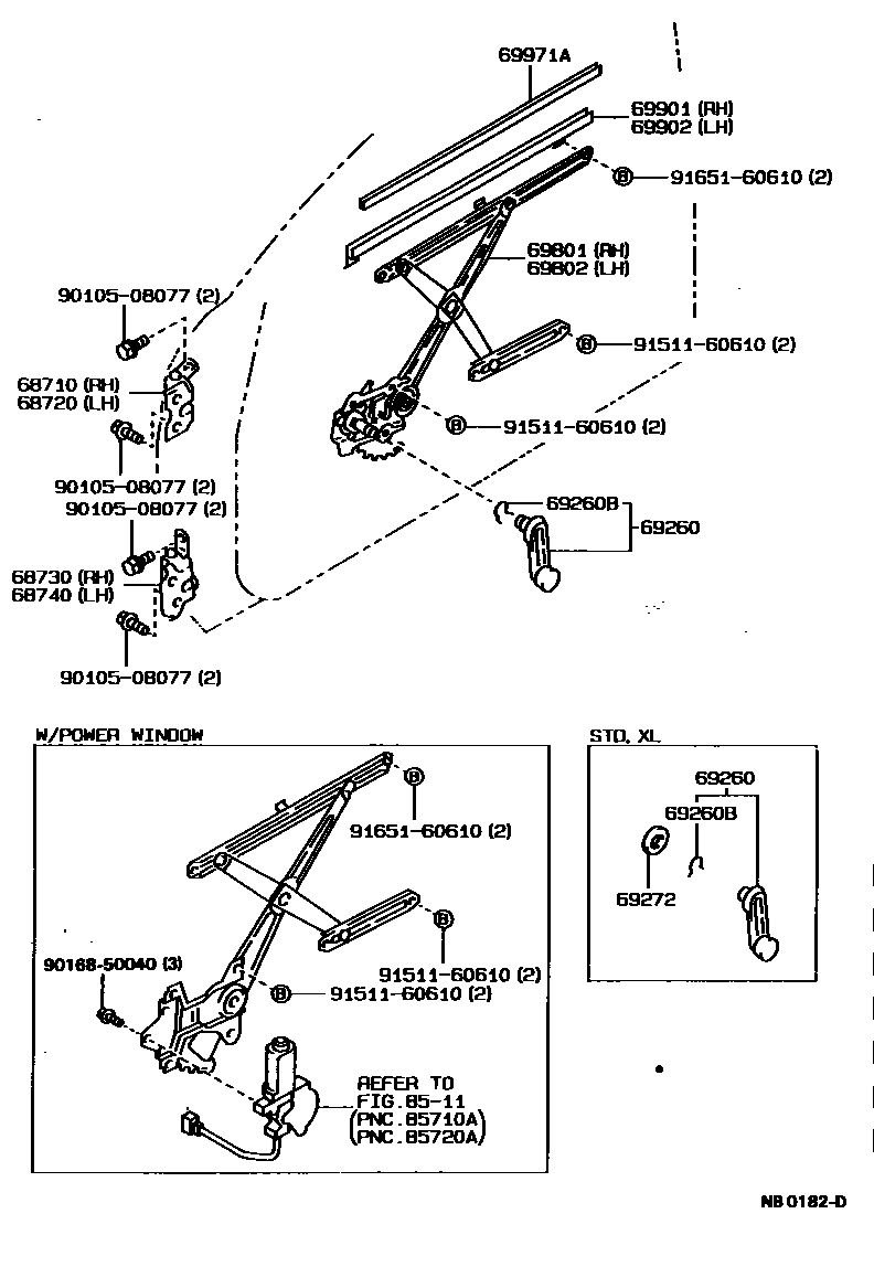 Toyota COROLLA 前门车窗升降器和合页 EPC diagram — NB0182D