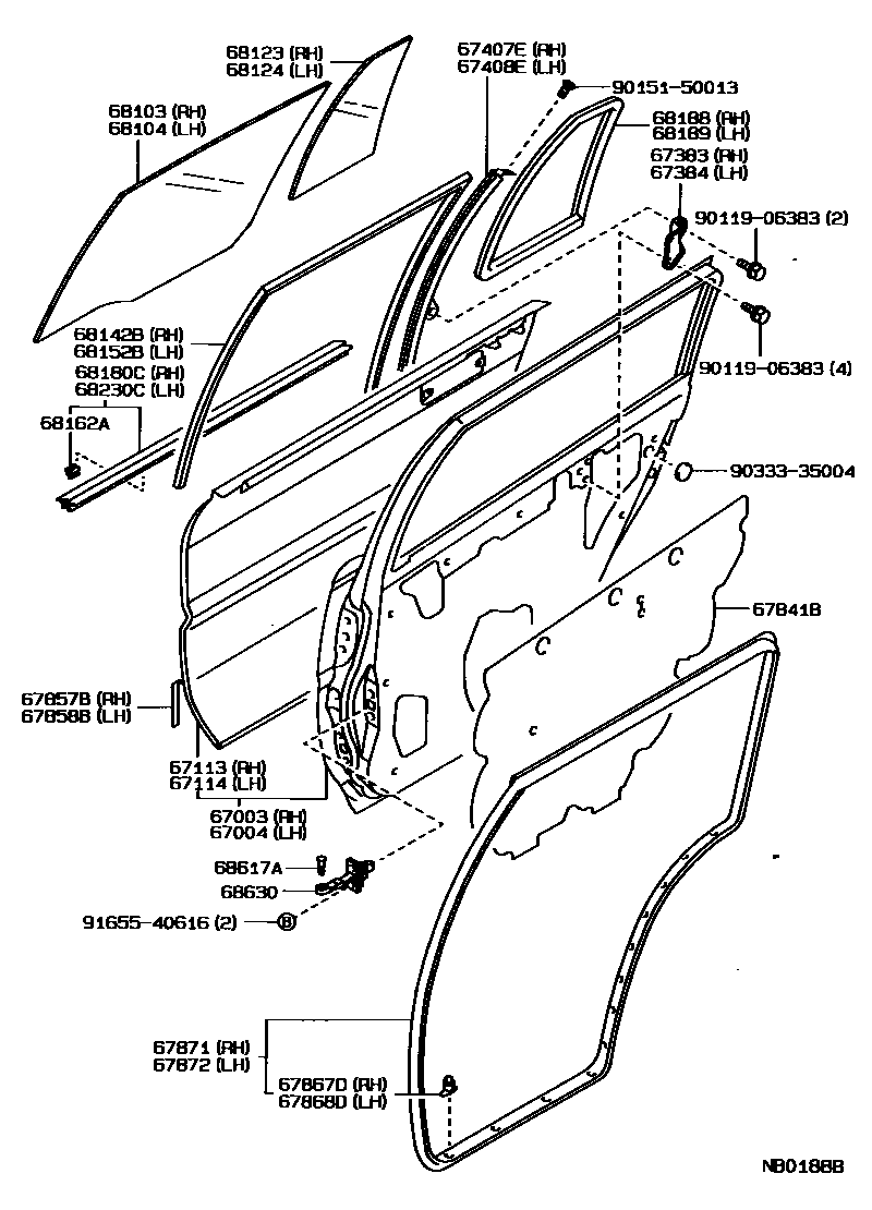 Toyota COROLLA 后门板和后门玻璃 EPC diagram — NB0188B