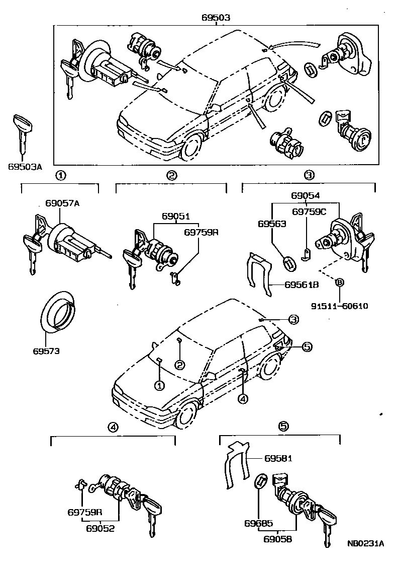 Toyota COROLLA 锁芯组件 EPC diagram — NB0231A
