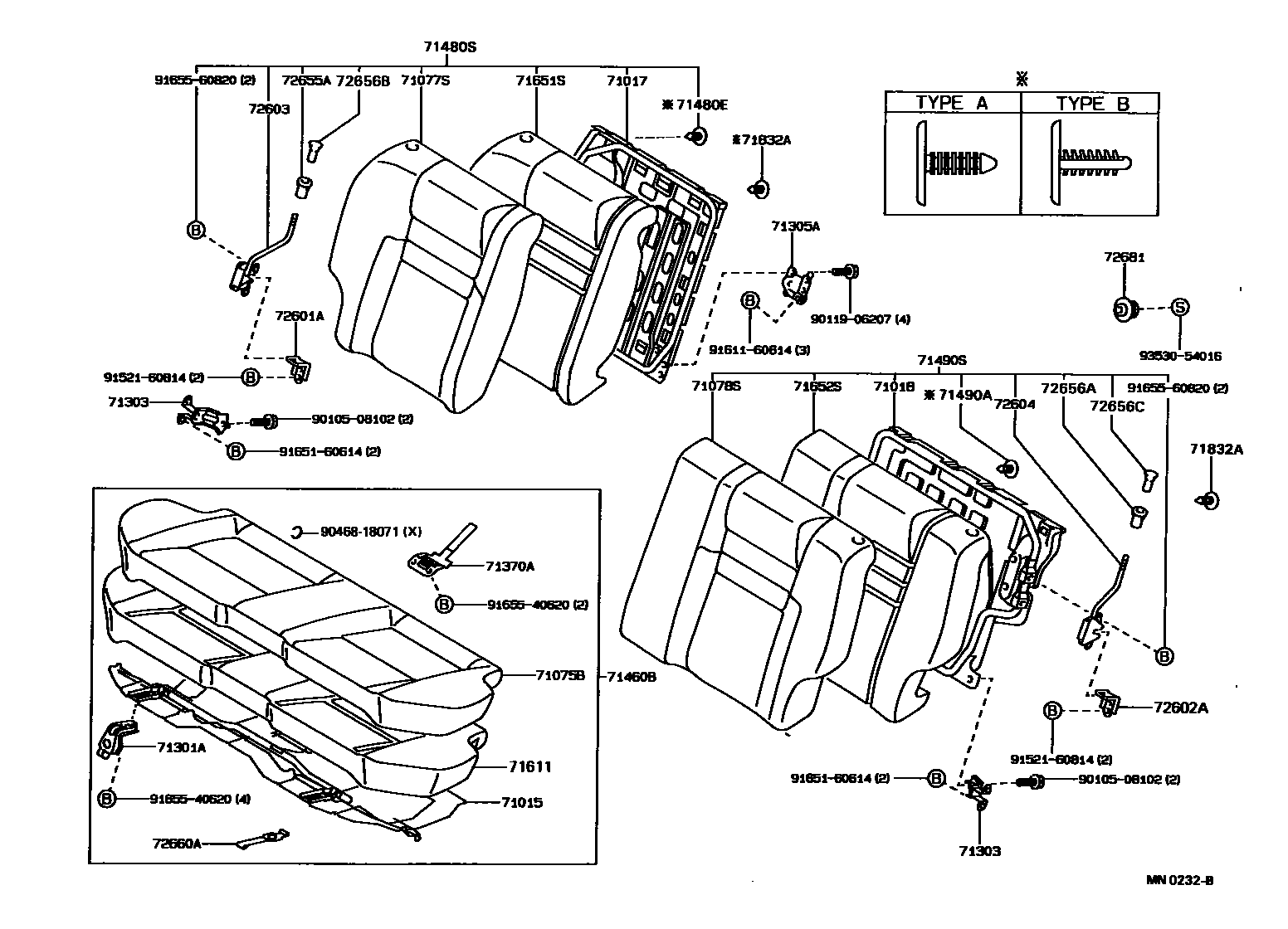 Toyota COROLLA 后排座椅和座椅滑轨 EPC diagram — MN0232B