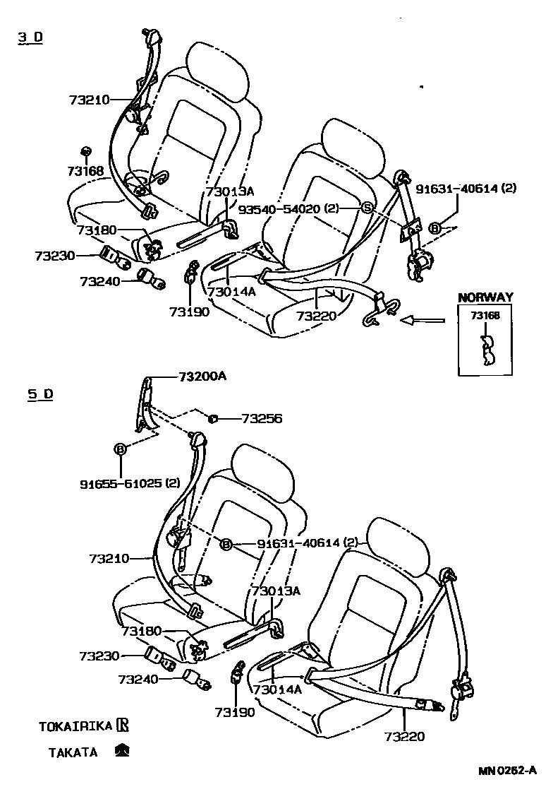 Toyota COROLLA 安全带和儿童保护座椅 EPC diagram — MN0262A