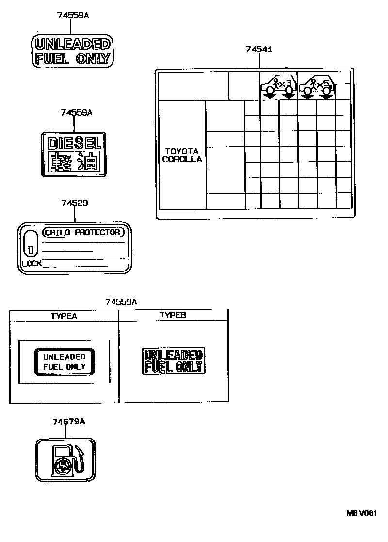 Toyota COROLLA 警示铭牌(车外和车内) EPC diagram — MBV061