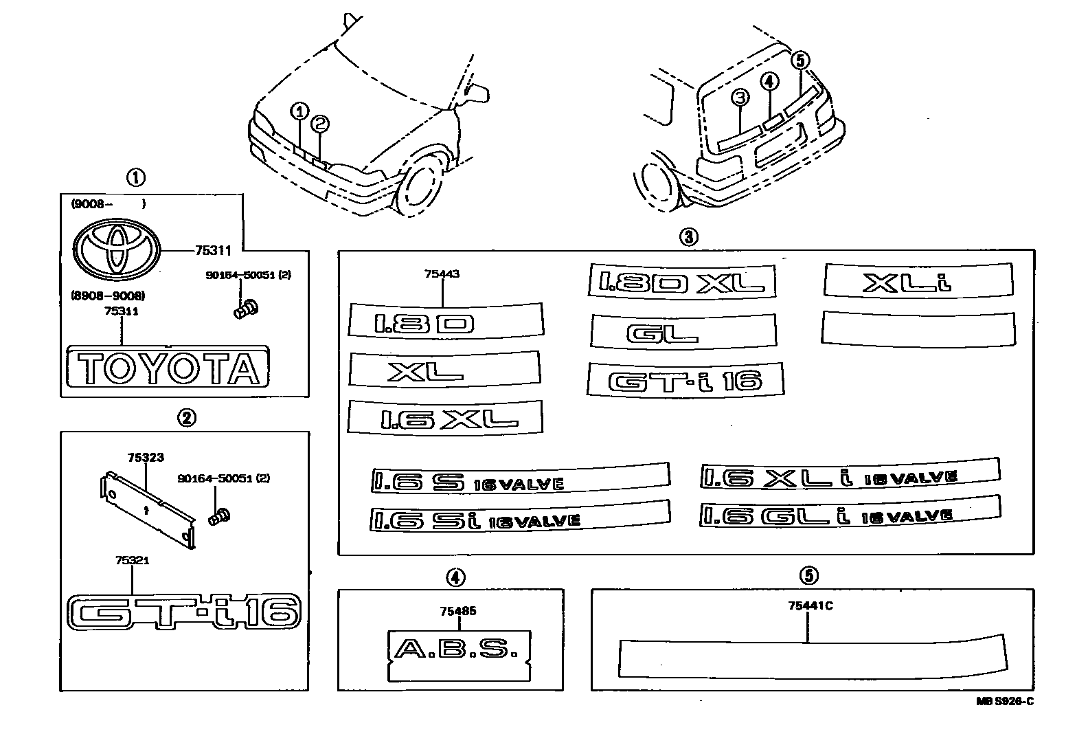 Toyota COROLLA 丰田徽标和铭牌(车外和车内) EPC diagram — MBS926C