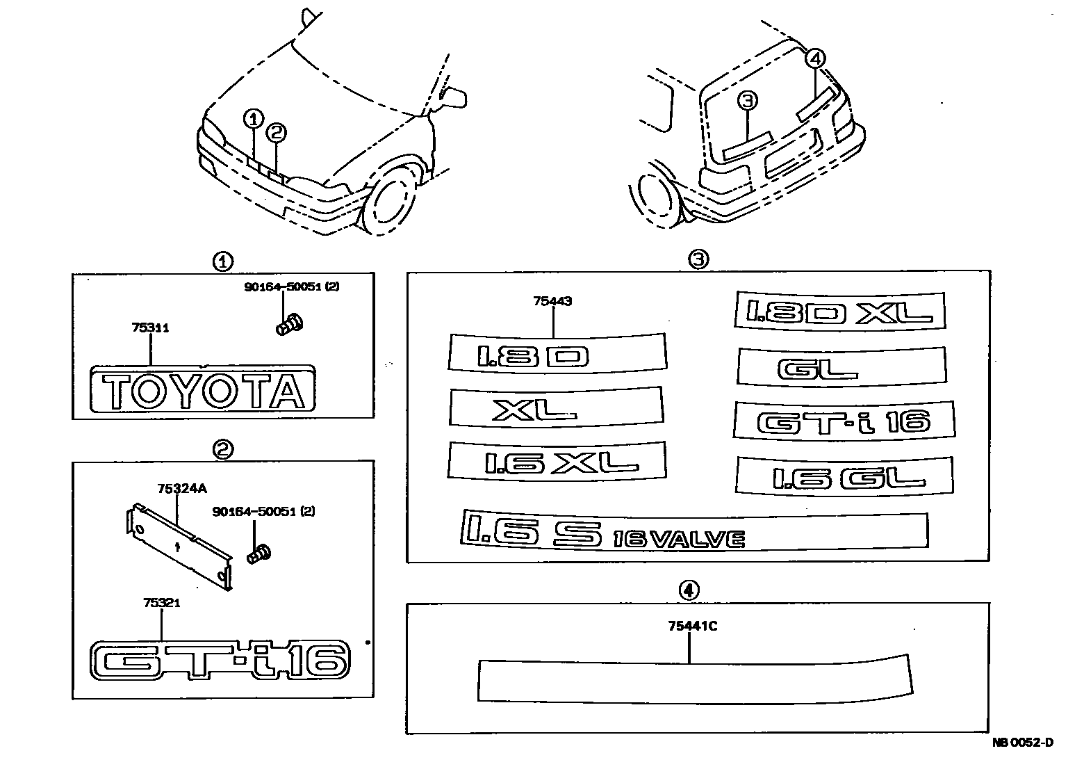 Toyota COROLLA 丰田徽标和铭牌(车外和车内) EPC diagram — NB0052D