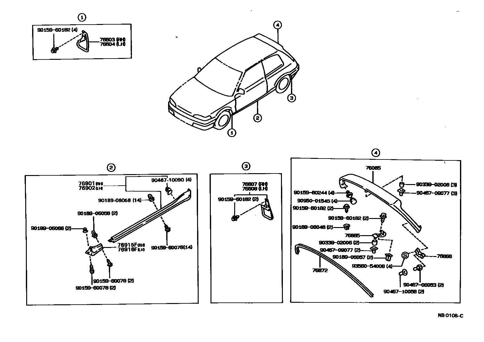Toyota COROLLA 挡泥板和扰流板 EPC diagram — NB0105C