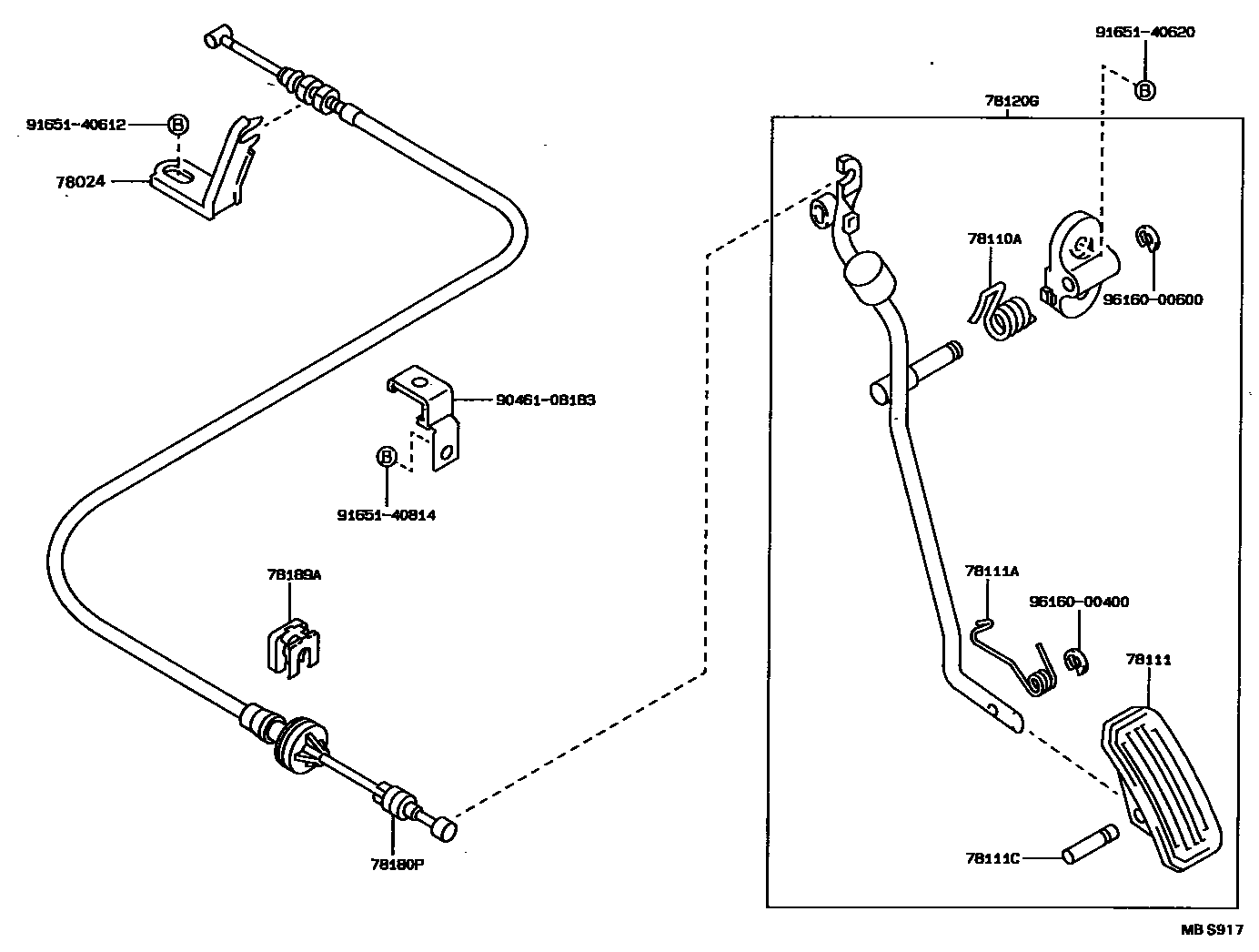 Toyota COROLLA accelerator pedal connecting rod EPC diagram — MBS917