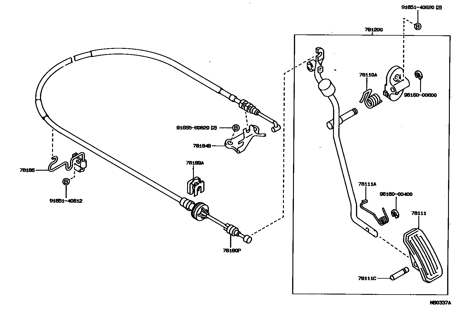 Toyota COROLLA accelerator pedal connecting rod EPC diagram — NB0337A