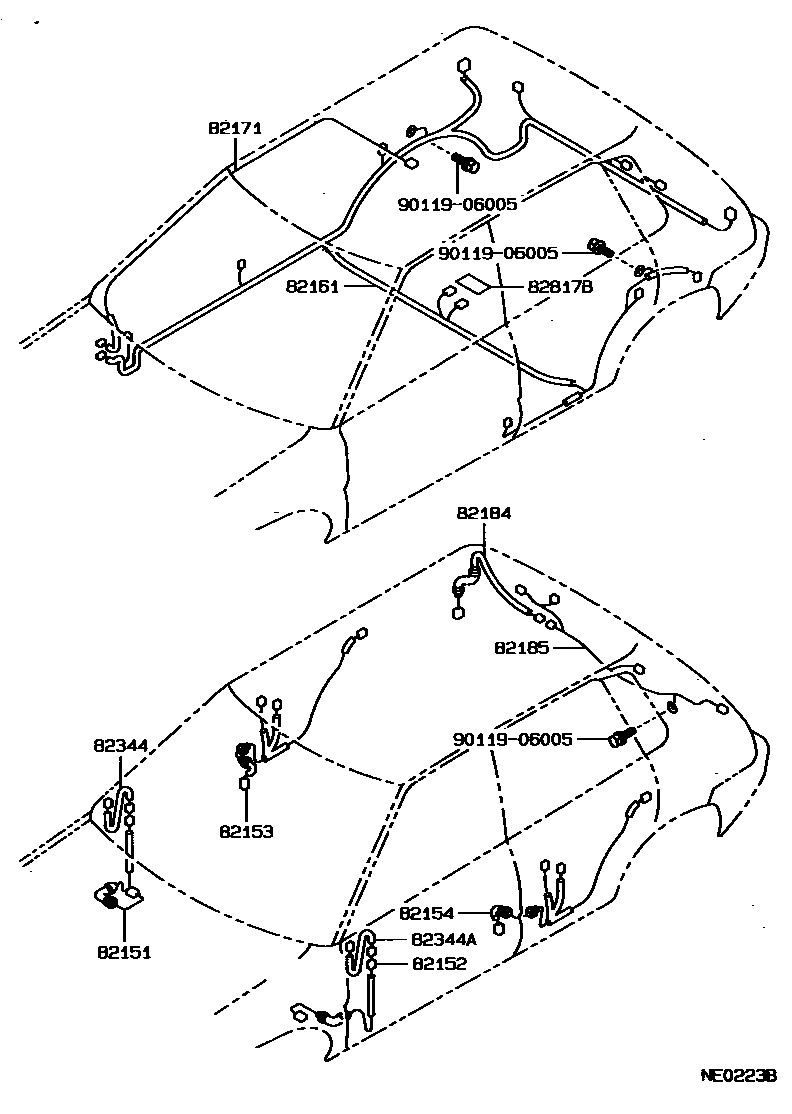 Toyota COROLLA 线束和卡夹 EPC diagram — NE0223B
