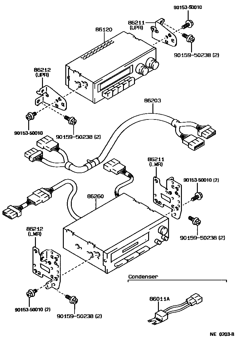 Toyota COROLLA 收音机、放大器和冷凝器 EPC diagram — NE0203B