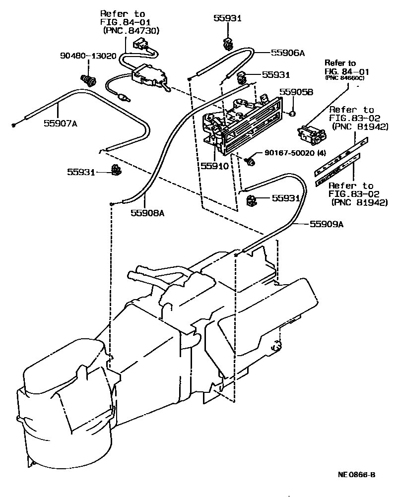 Toyota COROLLA 暖风和空调系统 - 控制器和风管 EPC diagram — NE0866B