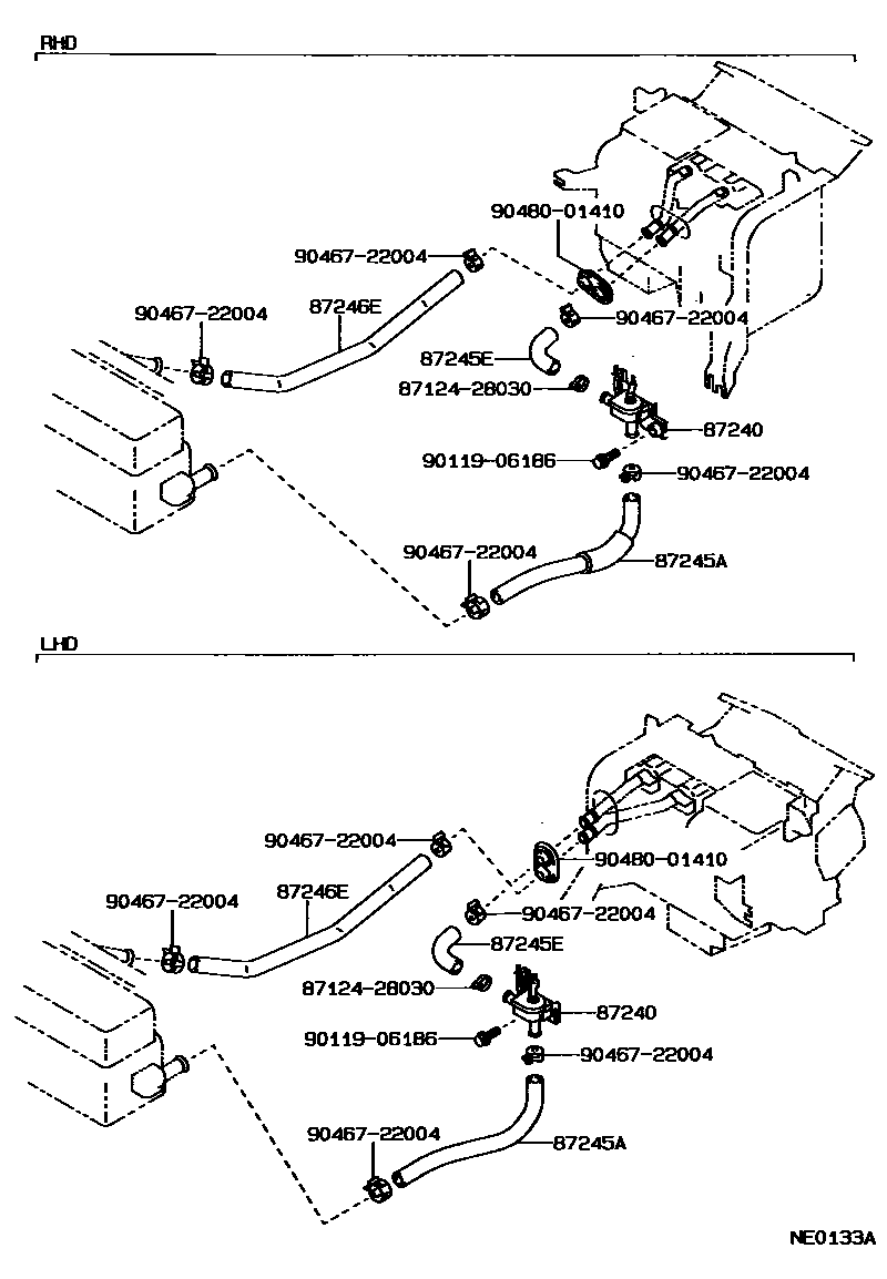 Toyota COROLLA 暖风和空调系统 - 水管 EPC diagram — NE0133A