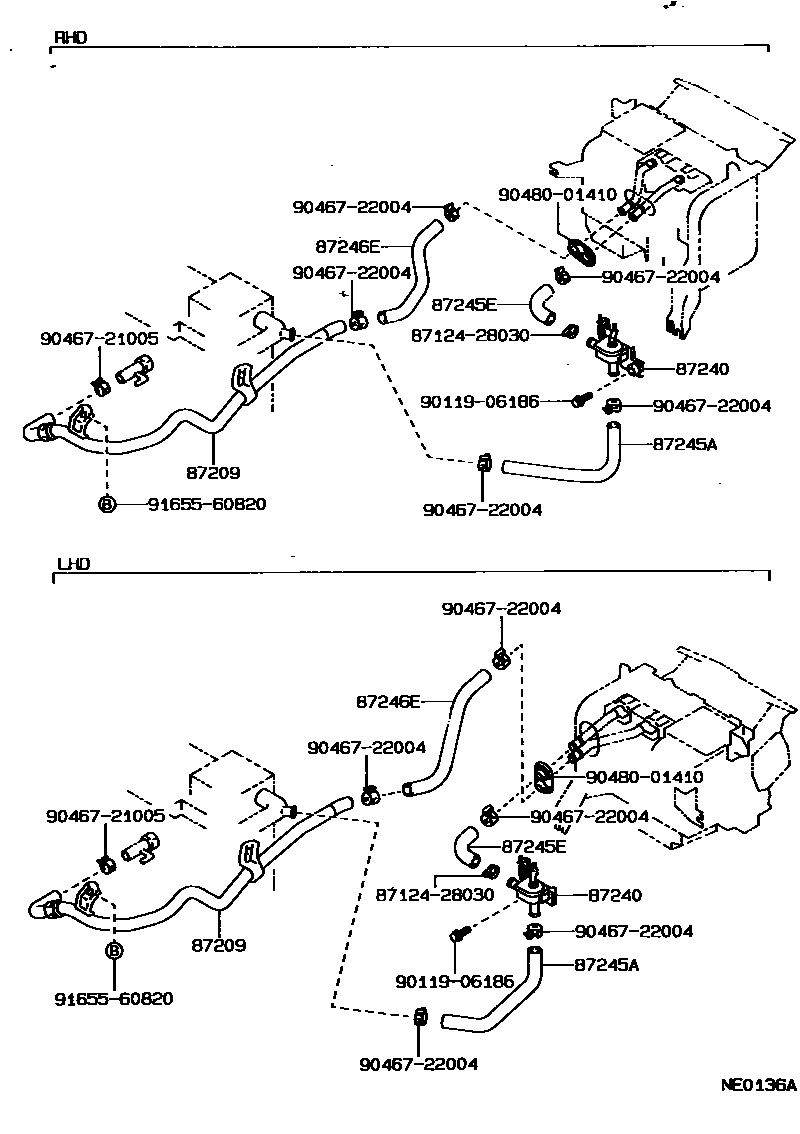 Toyota COROLLA 暖风和空调系统 - 水管 EPC diagram — NE0136A