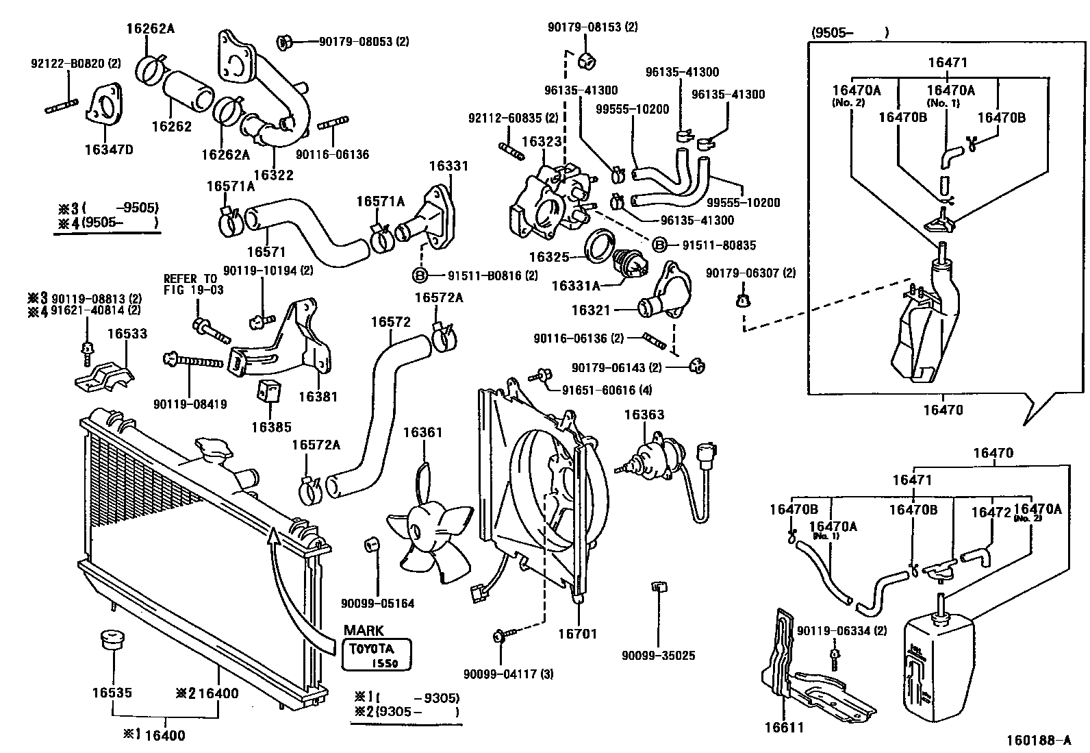 Toyota COROLLA RADIATOR & WATER OUTLET EPC diagram — 160188A