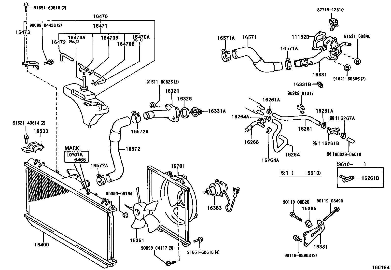 Toyota COROLLA RADIATOR & WATER OUTLET EPC diagram — 160194