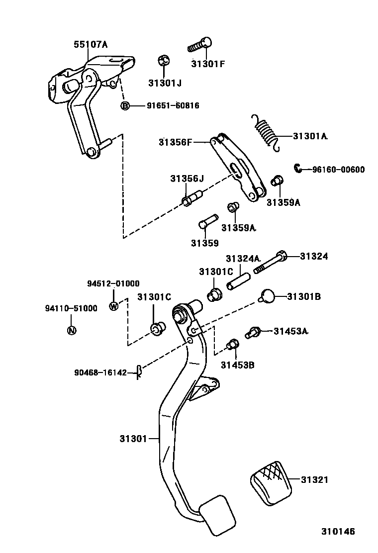 Toyota COROLLA 离合器踏板和挠性软管 EPC diagram — 310146