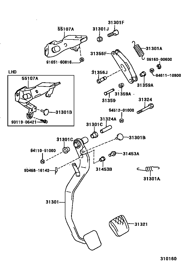 Toyota COROLLA 离合器踏板和挠性软管 EPC diagram — 310160