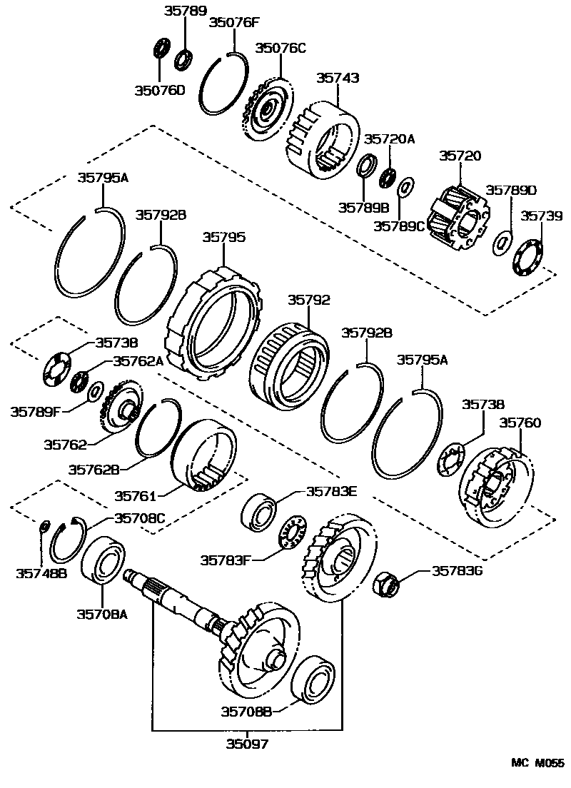 Toyota COROLLA 行星齿轮、倒档活塞和中间轴齿轮(ATM) EPC diagram — MCM055