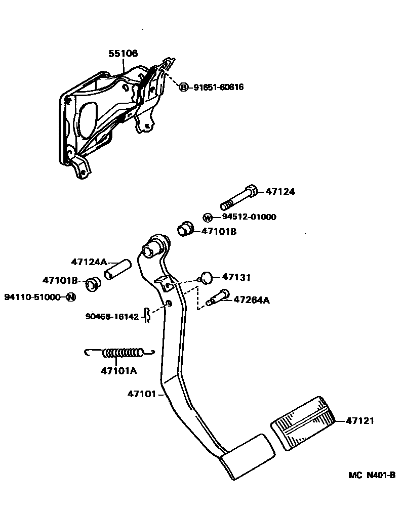 Toyota COROLLA Brake Pedal & Bracket EPC diagram — MCN401B