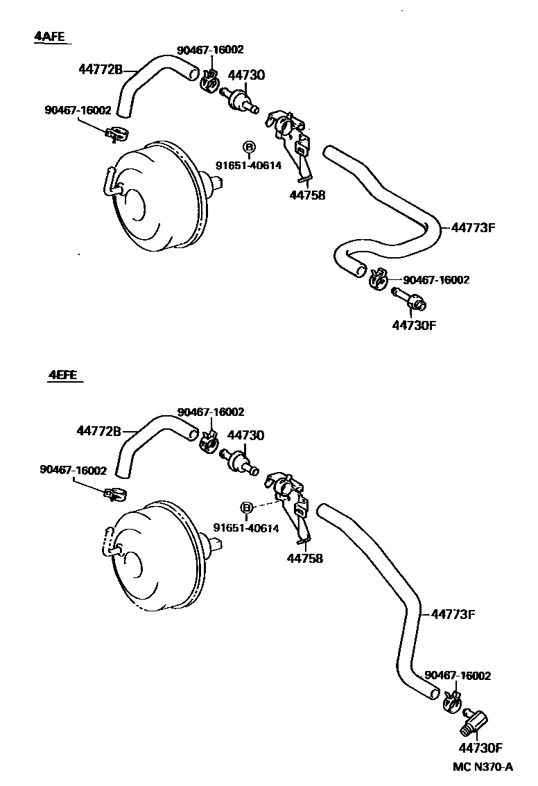 Toyota COROLLA 制动助力器和真空管 EPC diagram — MCN370A