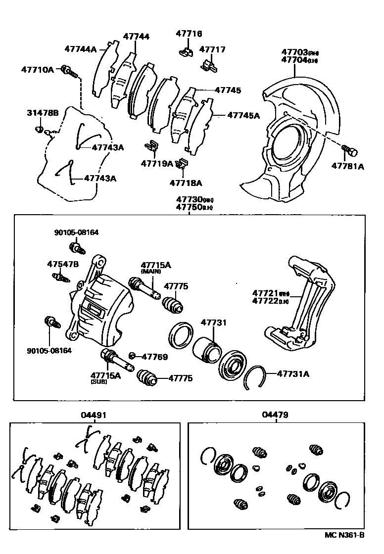 Toyota COROLLA 前盘式制动器卡钳和防尘罩 EPC diagram — MCN361B