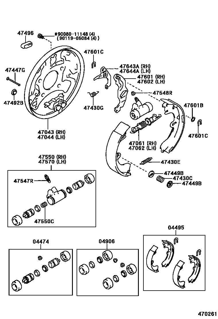 Toyota COROLLA 后鼓式制动器分泵和底板 EPC diagram — 470261