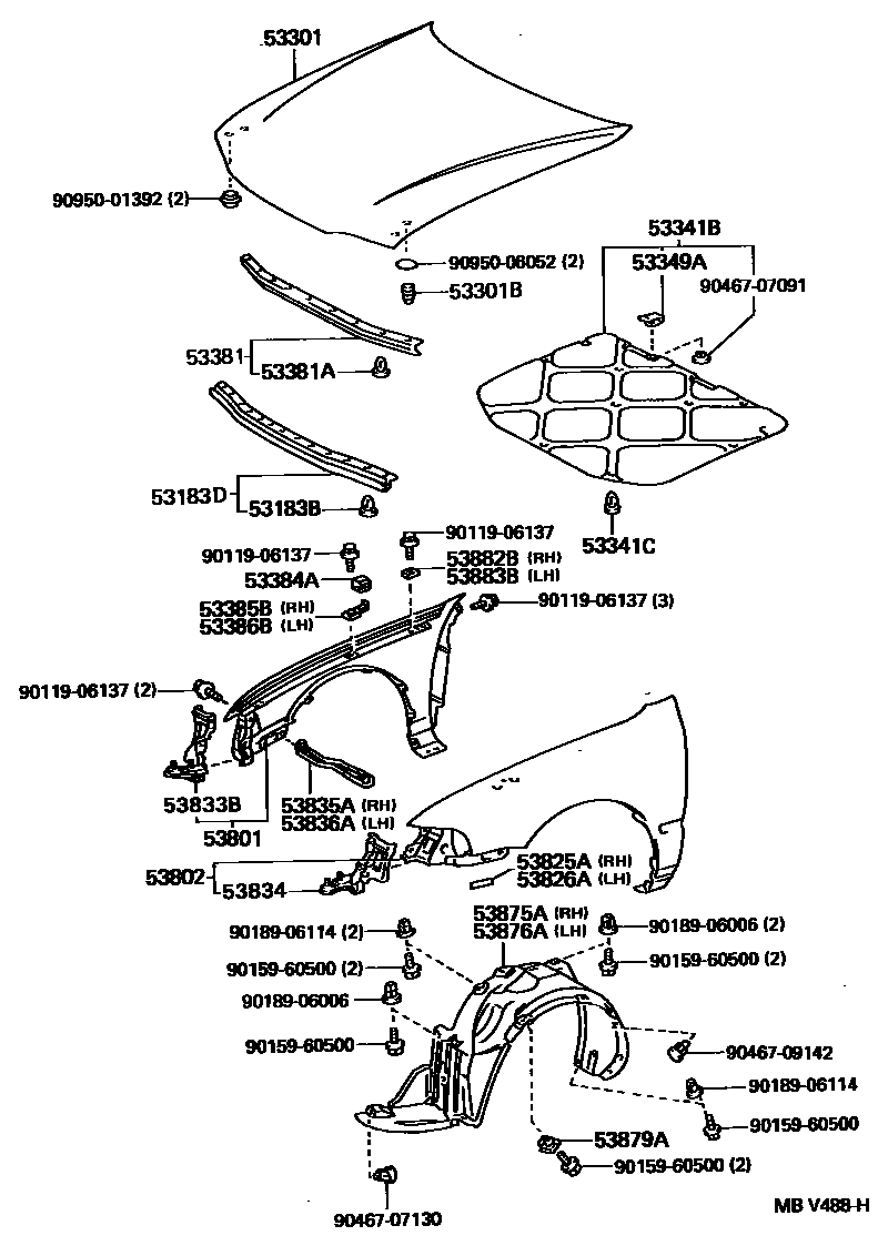 Toyota COROLLA 发动机盖和前翼子板 EPC diagram — MBV488H