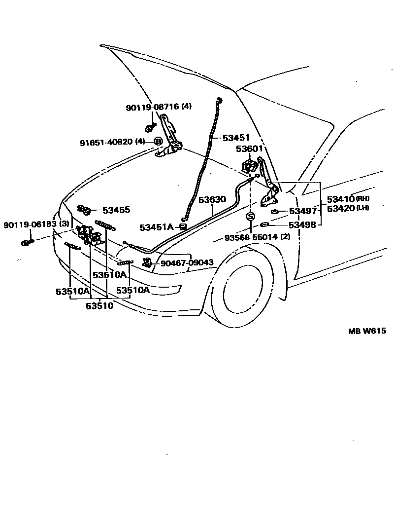 Toyota COROLLA 发动机盖锁和铰链 EPC diagram — MBW615