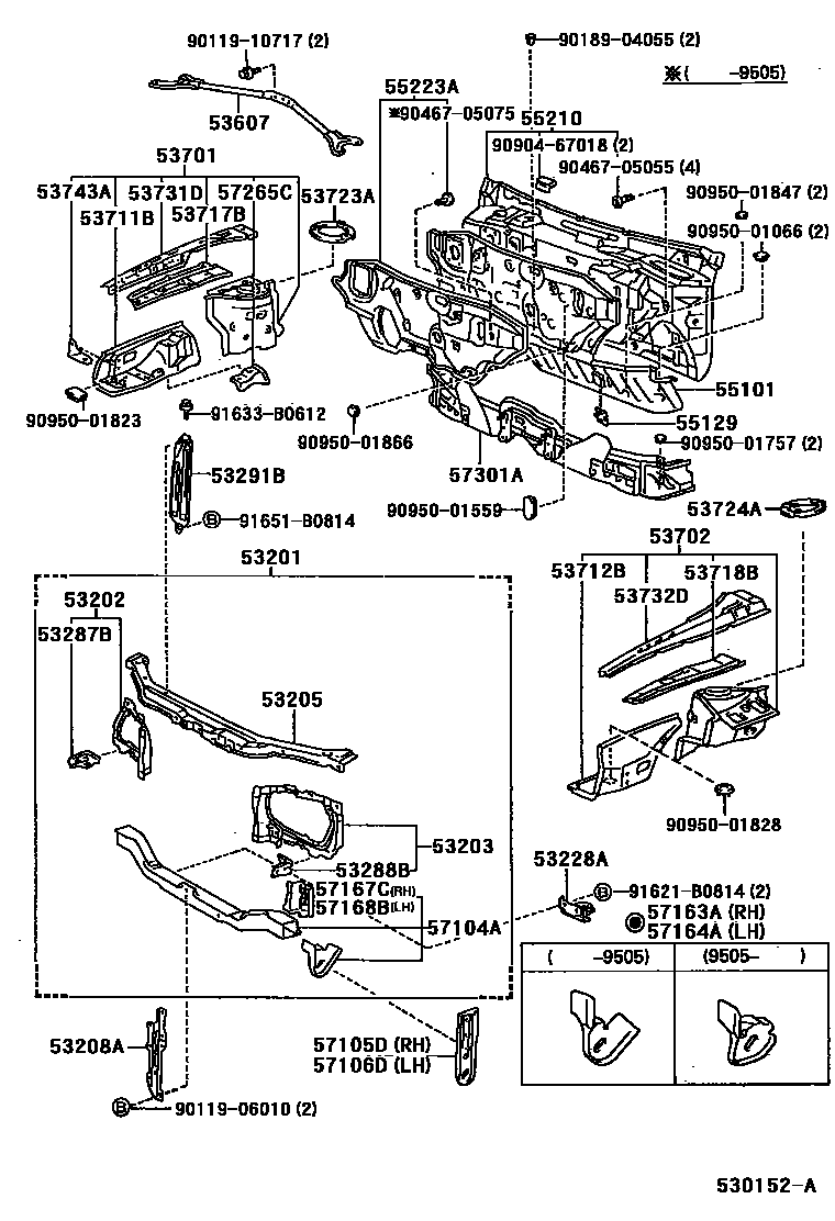 Toyota COROLLA 前翼子板挡泥板和前围板 EPC diagram — 530152A