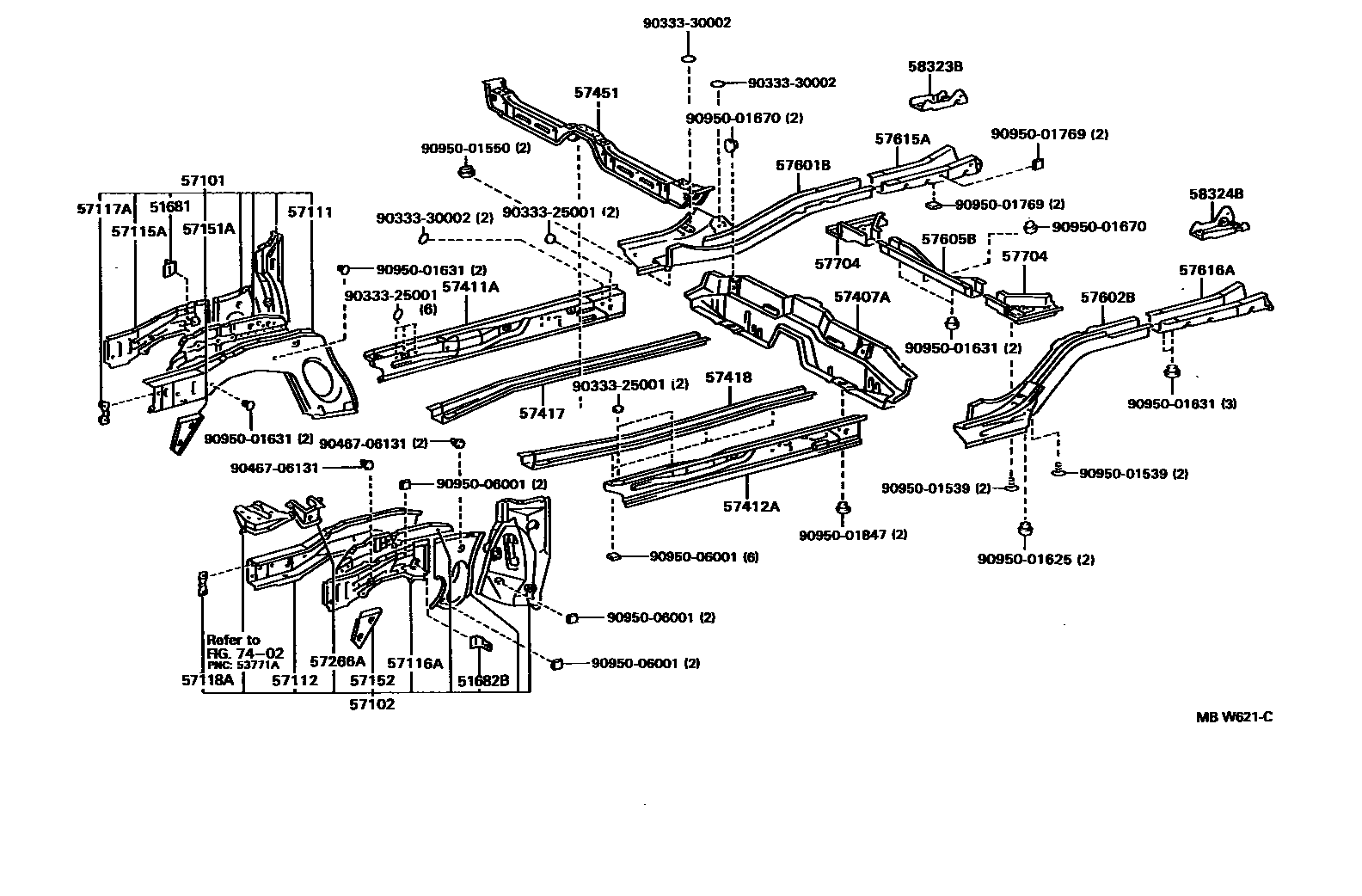 Toyota COROLLA Floor stringers EPC diagram — MBW621C