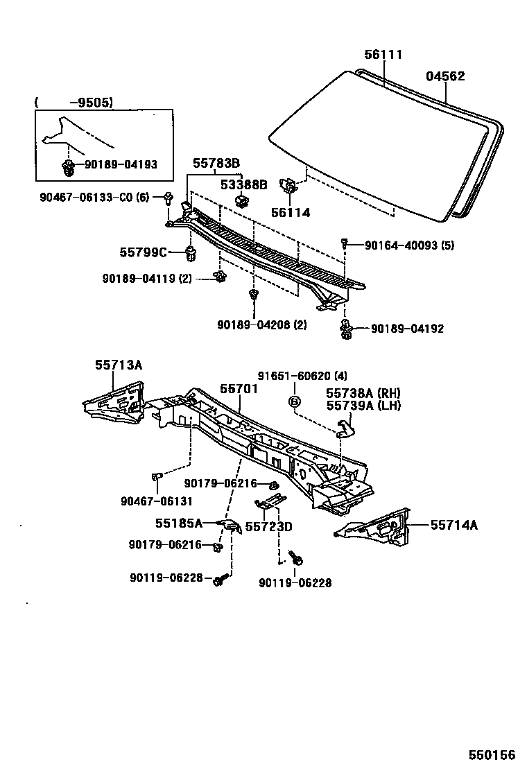 Toyota COROLLA 前围板和挡风玻璃 EPC diagram — 550156