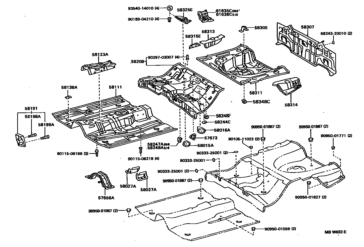Toyota COROLLA 浅盘形地板和车身下背板 EPC diagram — MBW632E