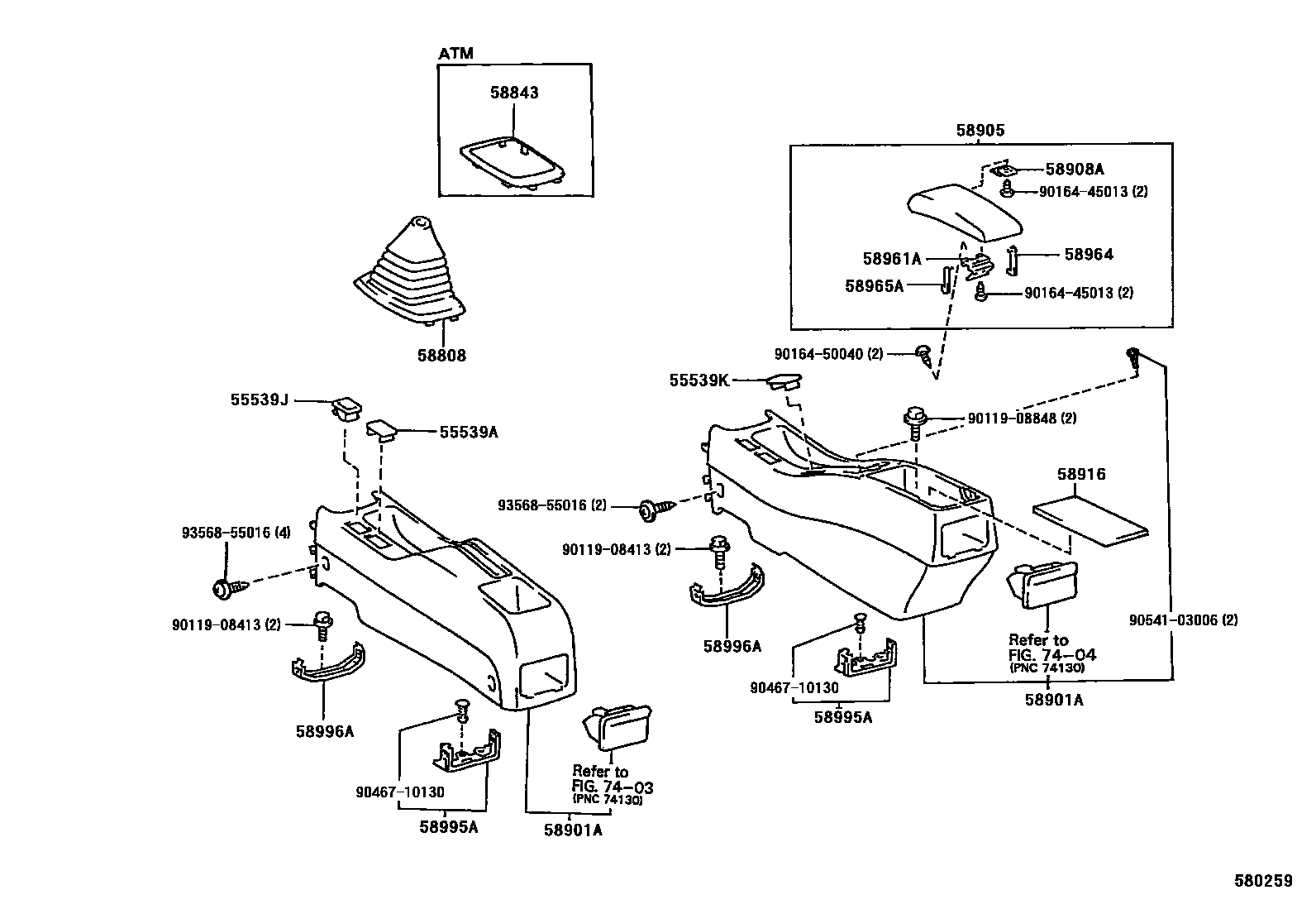 Toyota COROLLA 中央扶手箱和支架 EPC diagram — 580259
