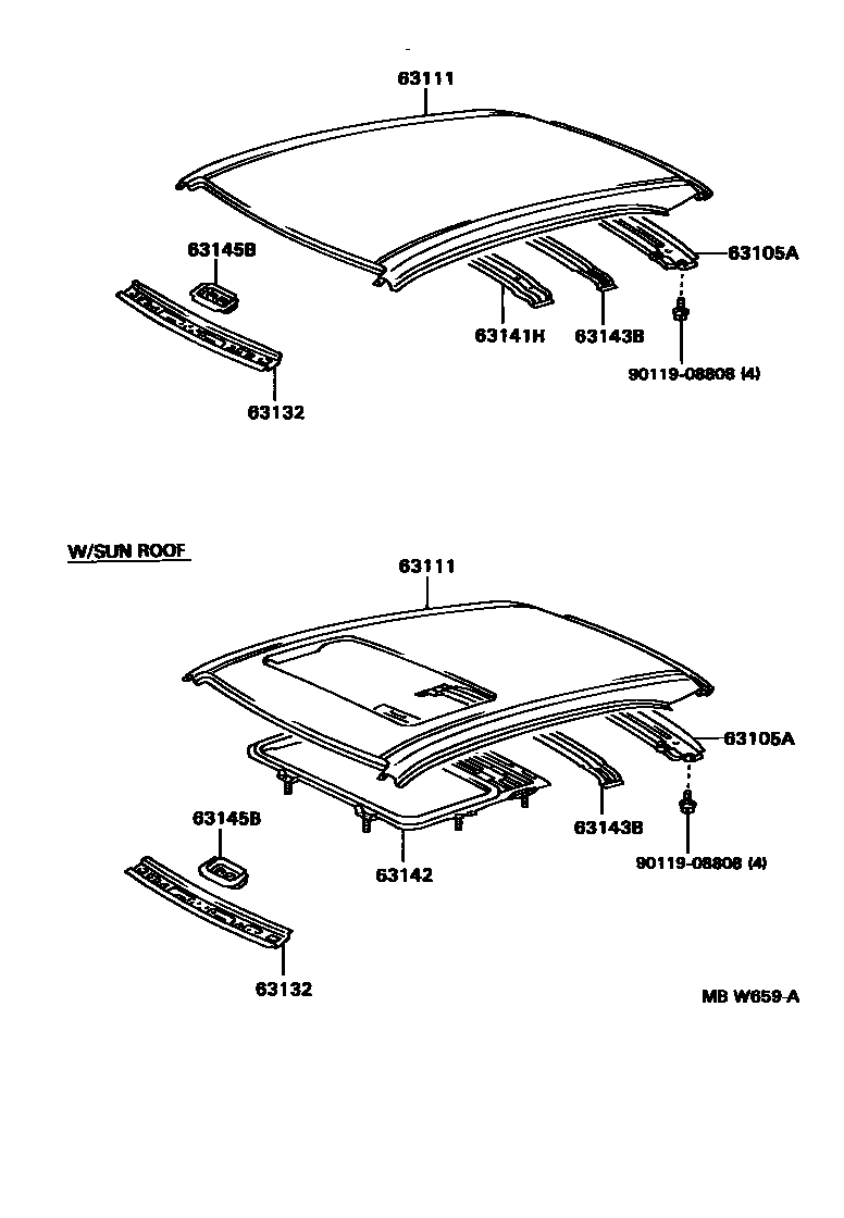 Toyota COROLLA 天窗板和背窗玻璃 EPC diagram — MBW659A