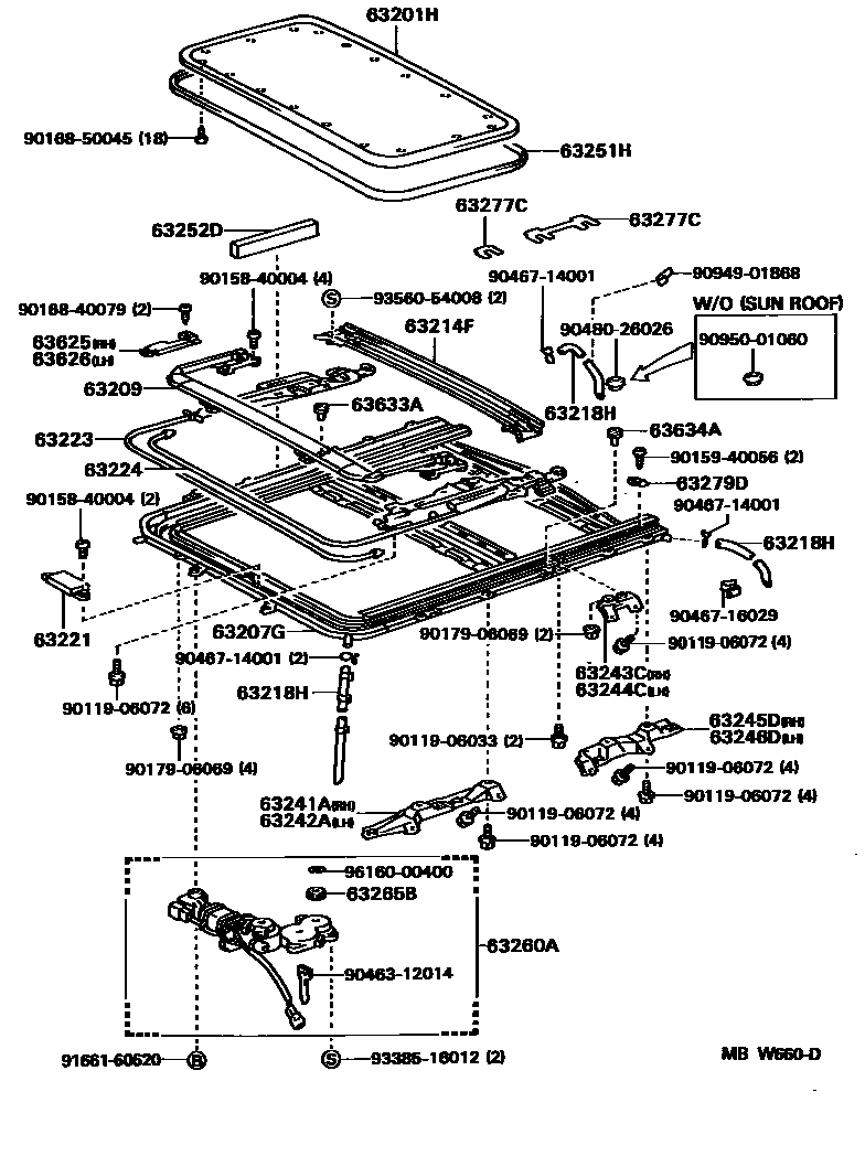 Toyota COROLLA 天窗板和背窗玻璃 EPC diagram — MBW660D