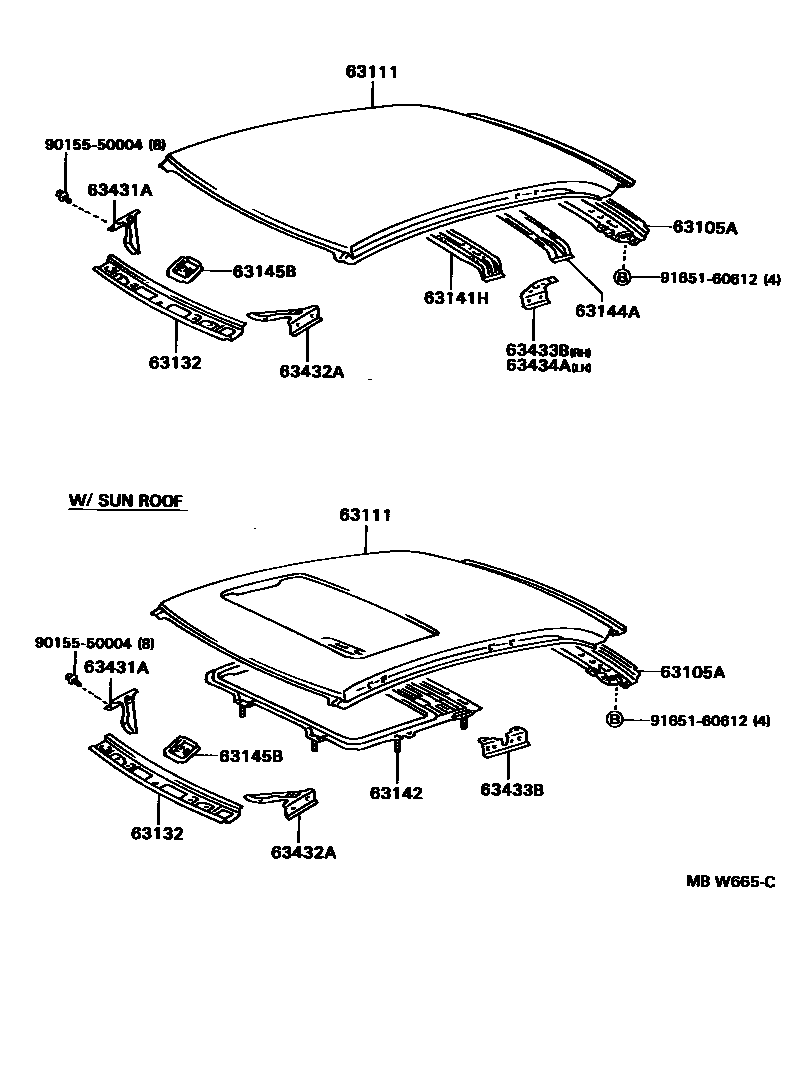 Toyota COROLLA 天窗板和背窗玻璃 EPC diagram — MBW665C