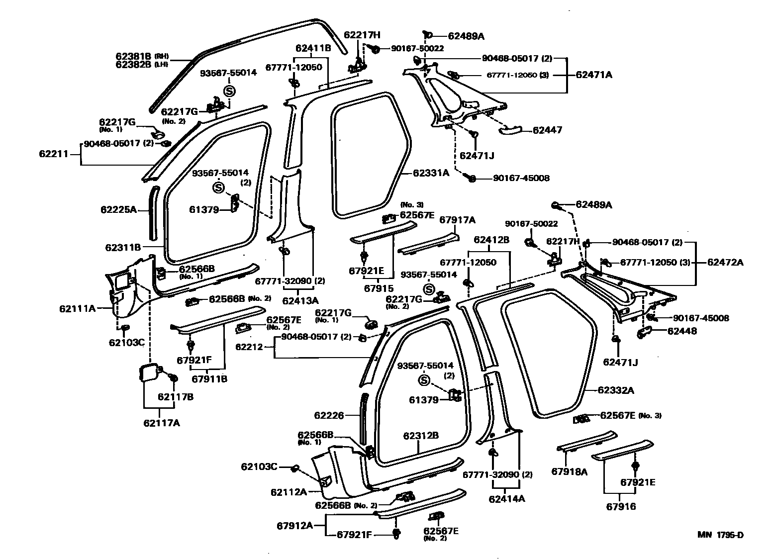 Toyota COROLLA 内饰板和车门防水胶条 EPC diagram — MN1795D