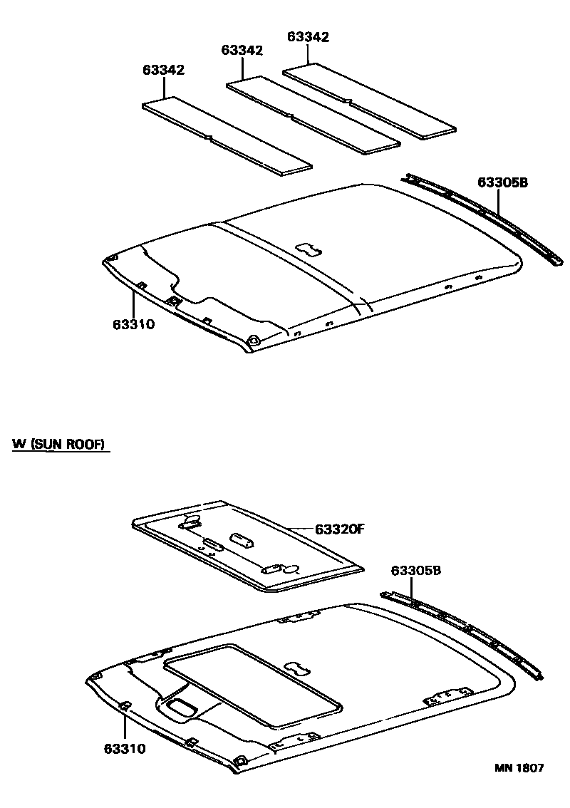 Toyota COROLLA 车顶内衬和消声垫 EPC diagram — MN1807