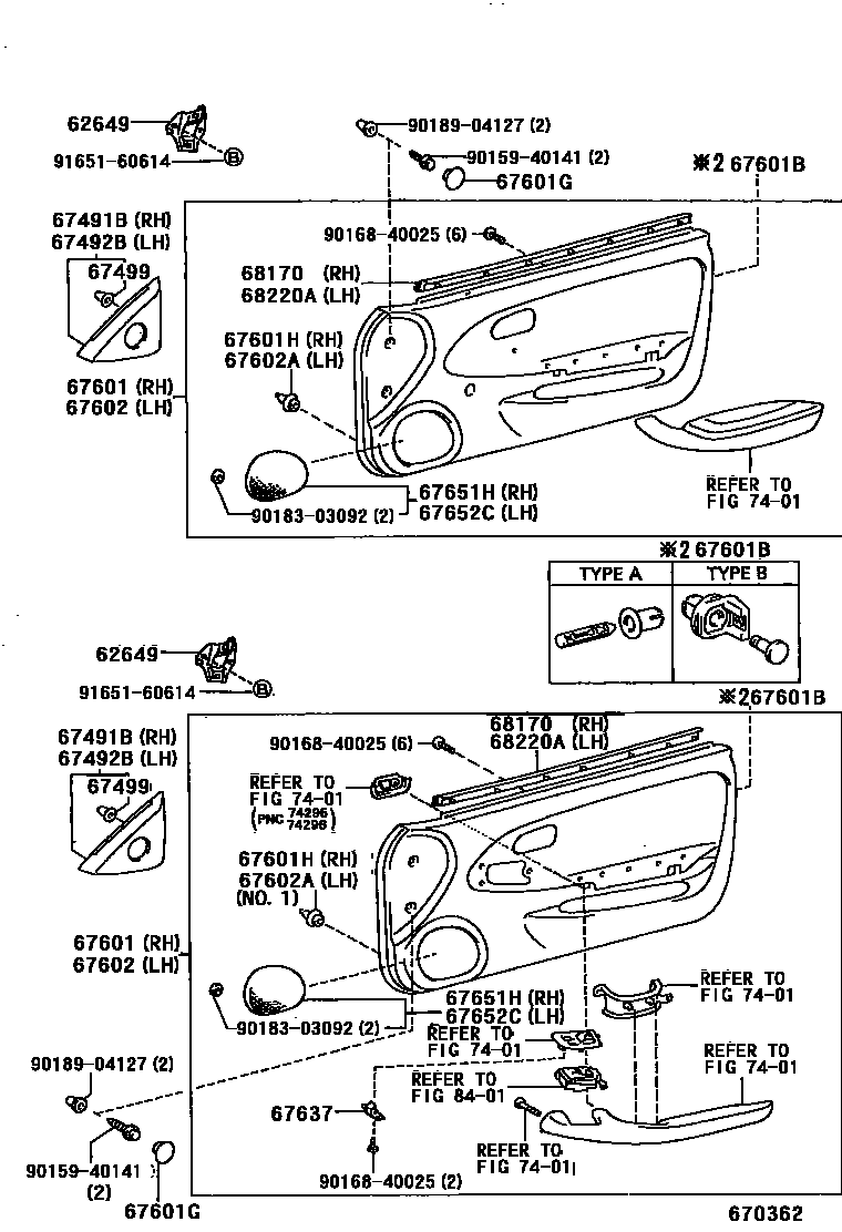 Toyota COROLLA 前门板和前门玻璃 EPC diagram — 670362