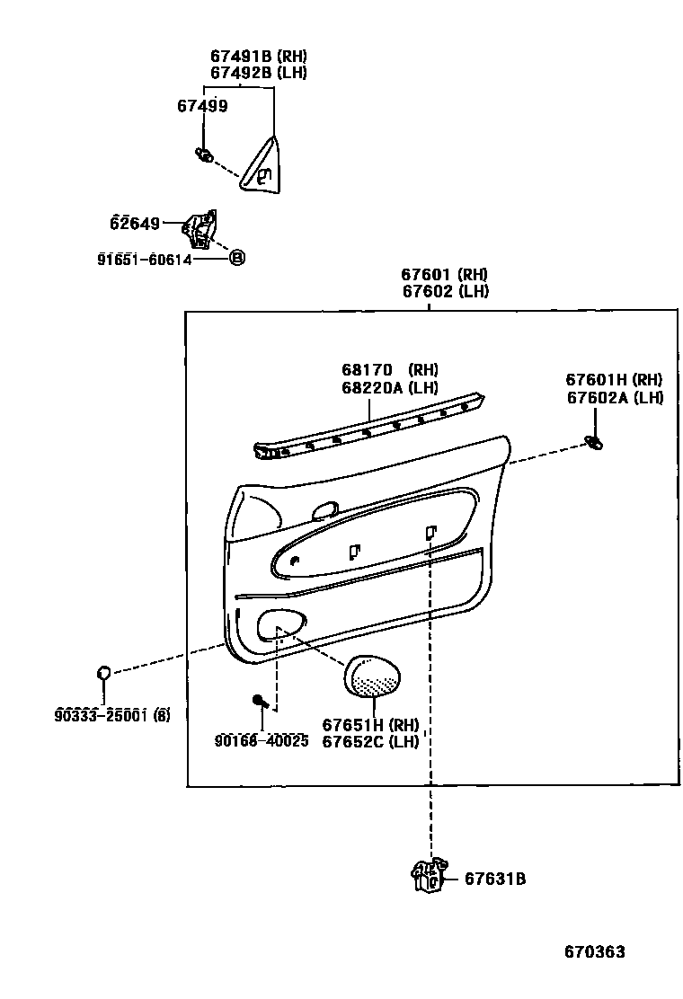 Toyota COROLLA 前门板和前门玻璃 EPC diagram — 670363
