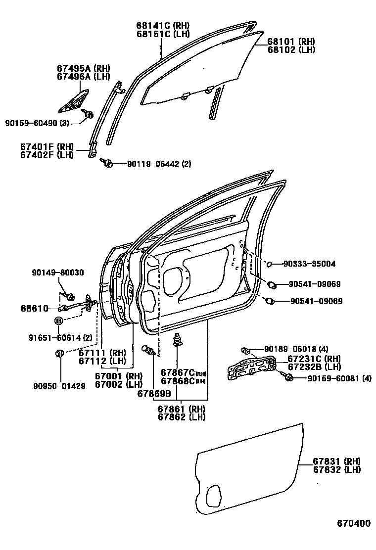 Toyota COROLLA 前门板和前门玻璃 EPC diagram — 670400